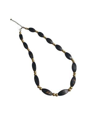 Gold Fleck Painted Black Beaded Necklace Adjustable Acrylic Beads Jewelry Gift